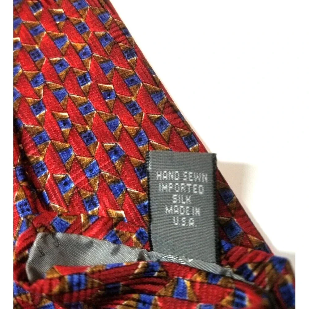 Robert‎ Talbott Red Geometric Foulard Print Blue Brown Pointed Tie USA